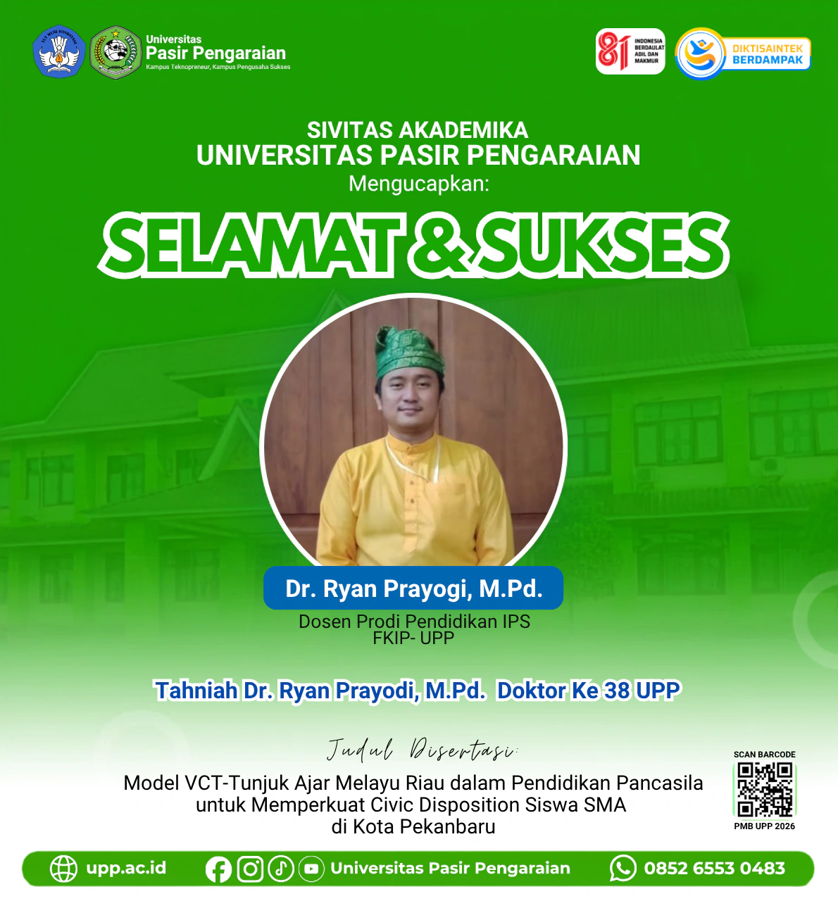 Tambah Doktor ke-38, Rektor UPP Sampaikan Apresiasi dan Selamat atas Raihan Gelar Doktor Dr. Ryan Prayogi